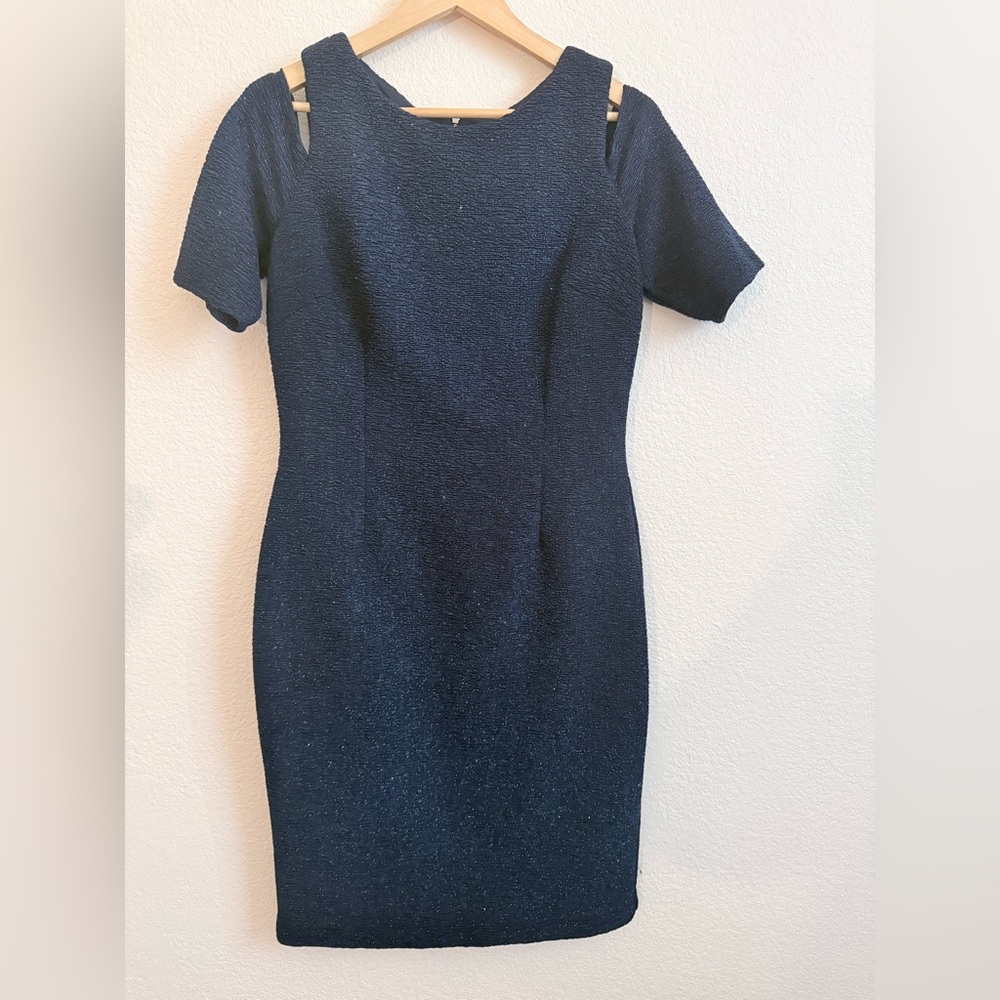 Eliza J Navy Shimmer Sheath Cocktail Dress Size 12 Cutout Shoulder